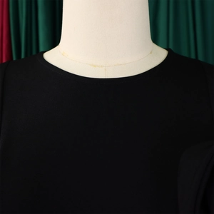 Close-up of the elegant round neckline and fine fabric texture of the black dress