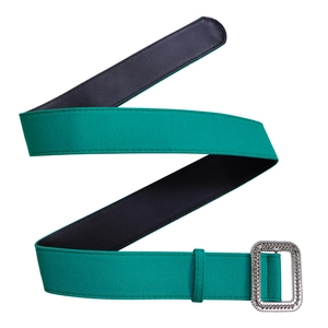 Detail of green ribbed elastic belt featuring a rectangular silver buckle with rhinestones