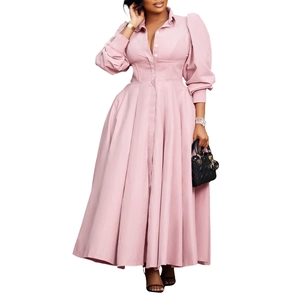 Detail of elegant pink long sleeve maxi dress with button-up collar and lantern sleeves