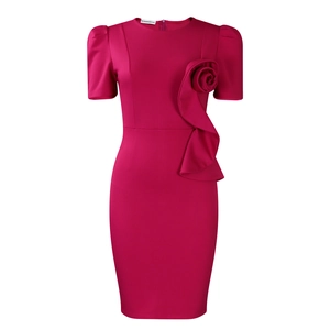 Detailed view of the 3D rose applique and ruffled trim on a magenta bodycon dress