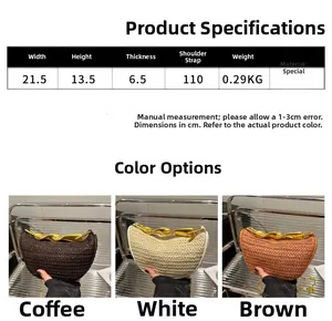 Detailed size guide for woven crescent bags with gold metal handles and chain straps