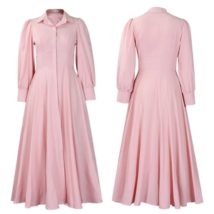 Detailed front and back view of a pink long sleeve dress with puff sleeves and lapel collar
