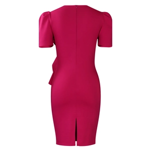 Back view of magenta bodycon dress with ruffle detail, puff sleeves and rear split