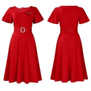 Detail of red square-neck dress featuring ruffled sleeves and rhinestone buckle belt