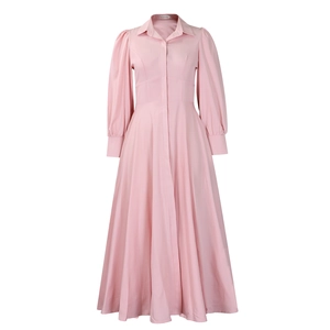Detail view of pink long sleeve maxi dress with turn-down collar and puff sleeves