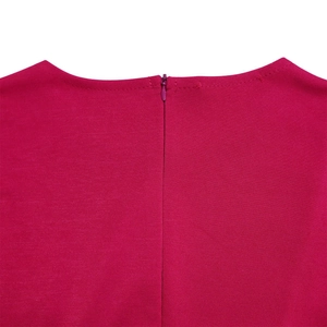 Close-up of rose red dress back neckline showing the neat invisible zipper and fabric texture