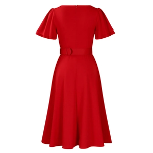 Detail of red vintage A-line dress back with ruffle sleeves and matching waist belt