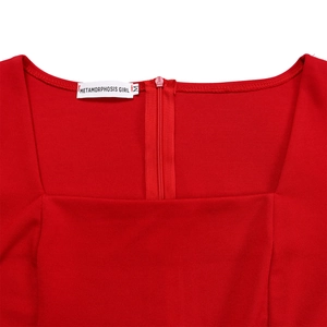 Detail view of square neckline and back invisible zipper on red high-waist dress