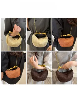 Detailed views of woven crossbody bags with golden handles in beige, orange, and brown