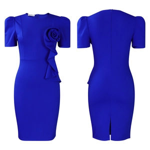 Detail of royal blue bodycon dress with 3D flower and ruffled layers, front and back view