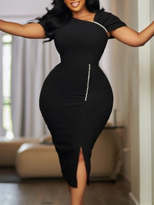 Elegante Bodycon Midi-jurk met Eén Schouder voor Dames Geplooid Slim Fit Avondfeest Cocktailjurk met Kralen en Splitzoom