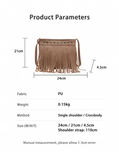 Bolso bandolera de piel PU marrón con remaches y flecos, dimensiones detalladas