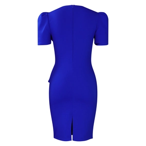 Back view of a royal blue bodycon dress featuring a hidden zipper and a bottom slit detail
