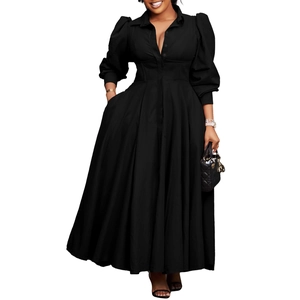 Detail view of black vintage puffed sleeves and shirt collar on long maxi dress