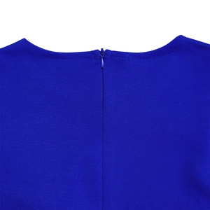 Detail view of royal blue dress showing high-quality invisible zipper and round neckline