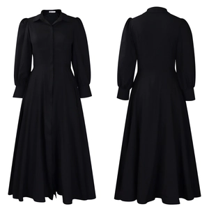 Front and back view of a black long sleeve midi dress with lapel collar and flared hem