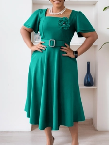 Elegant Women Square Neck Solid Color High Waist Maxi Dress With Belt And 3D Flower Ruffle Sleeve A-Line Polyester Dress