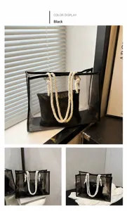 Detail of transparent PVC tote bag with white rope handles and black inner pouch