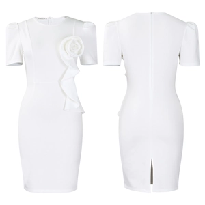 Detail of white pencil dress featuring a large 3D rose and back split with hidden zipper