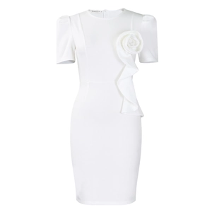 Detail of elegant white bodycon dress featuring 3D floral accent and ruffle trimming