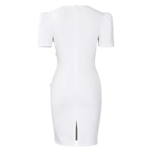 Detail of white bodycon dress featuring a back invisible zipper and bubble short sleeves
