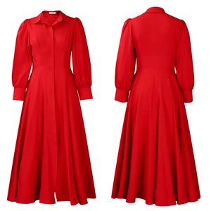 Detailed front and back view of elegant red long sleeve shirt dress with a flared hem