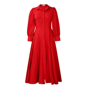 Detail of red long-sleeve maxi dress showing the spread collar and A-line waist cut