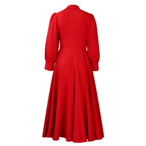 Detail view of red elegant long-sleeve maxi dress with cinched waist and A-line skirt
