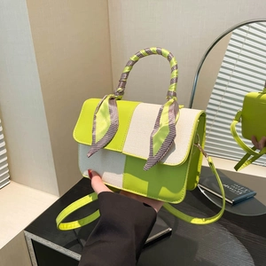 Retro contrast color patchwork small square handbag with silk scarf wrapped handle