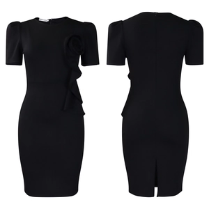 Close-up of elegant black bodycon dress with 3D rose ruffle trim and back slit detail