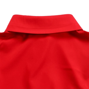 Detailed view of the red turndown collar and premium fabric texture of this elegant dress