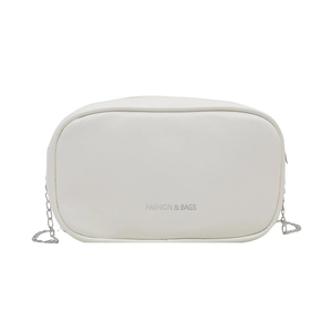 Minimalist white oval makeup bag with silver chain strap and FASHION & BAGS print