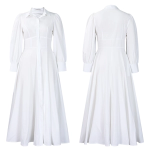 Detailed front and back view of a white long-sleeved shirt dress with a flared hem