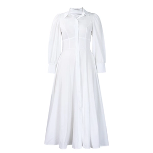 Detail of white long sleeve shirt dress featuring lapel collar and button-down front