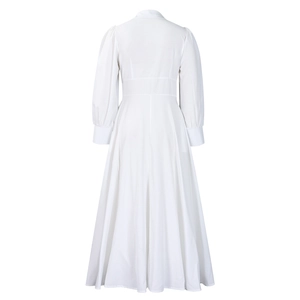 Detailed back view of white long sleeve maxi dress featuring high waist and lantern sleeves