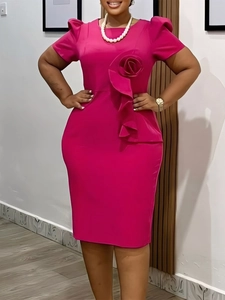 Elegant Women Bodycon Midi Dress With 3D Flower Ruffle Short Puff Sleeve Round Neck Solid Color Polyester Fashion Party Dress