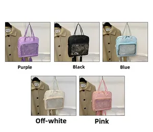 Multi-color large capacity clear ita bags displayed in purple, black, blue, beige, and pink