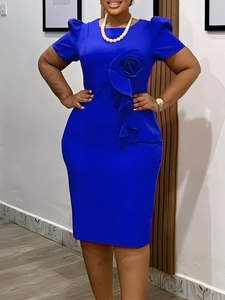 Elegant Klein blue midi dress with 3D floral accent and ruffle short puff sleeves