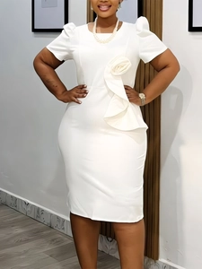 Elegant white puff sleeve dress with waist ruffle detail for formal office wear
