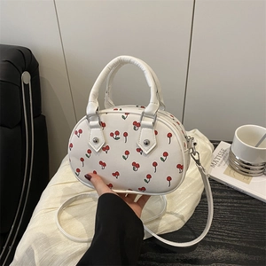 Damen Kirschdruck Schultertasche PU Leder Süß Mini Boston Handtasche Umhängetasche Für Den Täglichen Weg Zur Arbeit Mode Tasche