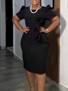 Elegant black bodycon dress with short sleeves and large floral ruffle waist detail