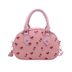 Pink Boston handbag with cherry print, dual top handles and adjustable shoulder strap