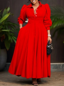 Elegant red long-sleeved shirt dress with white buttons and pleated flared skirt