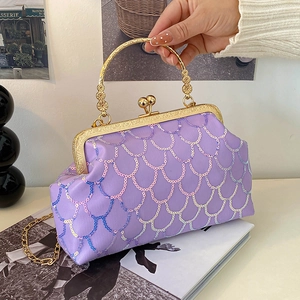 Lilac sequin mermaid scale evening bag with golden floral ring handle and chain strap