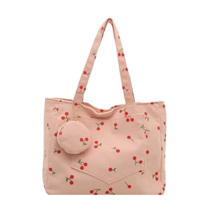Sac fourre-tout en velours côtelé rose à motif cerises avec pendentif assorti