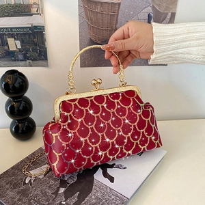Red retro silk evening bag with golden fish scale sequins and rhinestone crystals