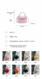 Größentabelle für gesteppte Mini-Tasche und acht Farben mit detaillierten Abmessungen
