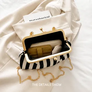 Internal view of striped woven bag with metal frame showing spacious storage for essentials