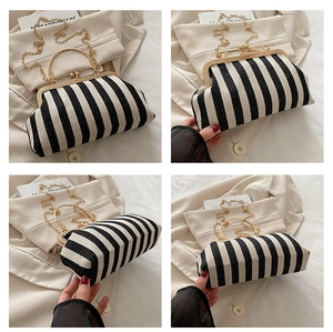 Detailed views of a striped shell bag featuring a gold round handle and kiss-lock closure