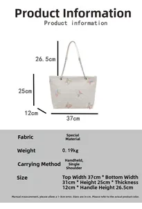 Detailed dimension guide for white tote bag with floral patterns and woven texture